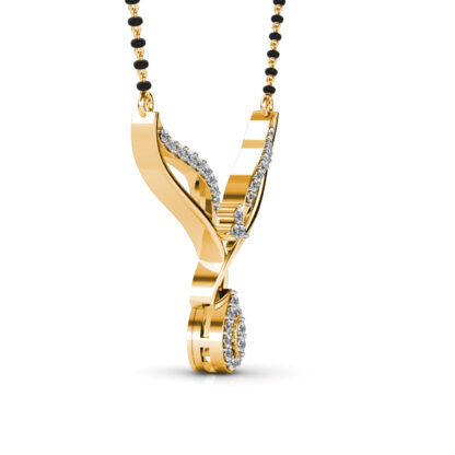 Side view of yellow gold crossed leaf diamond mangalsutra pendant