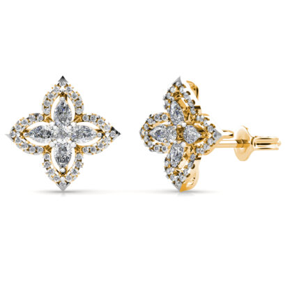 Side view of yellow gold marquise diamond star stud earrings