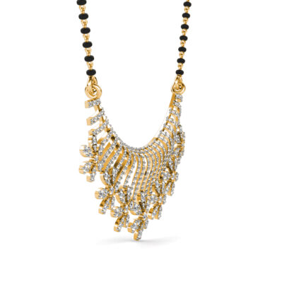 Side view of yellow gold diamond sunburst mangalsutra pendant
