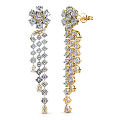 Side view of yellow gold diamond flower tassel drop earrings