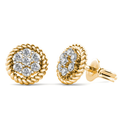 Side view of yellow gold diamond flower cluster stud earrings