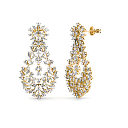 Side view of yellow gold diamond chandelier earrings