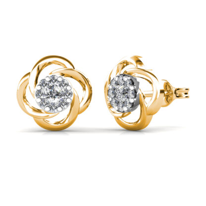 Side view of yellow gold swirl diamond stud earrings