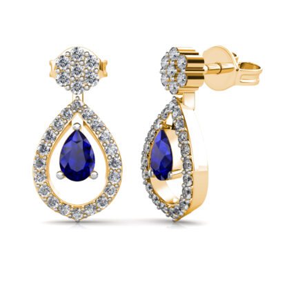 Side view of yellow gold sapphire drop diamond halo earrings