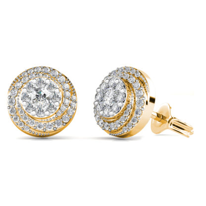 Side view of yellow gold double halo diamond stud earrings