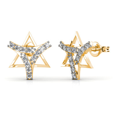 Side view of yellow gold diamond star stud earrings