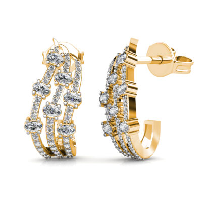 Yellow gold multi-row diamond hoop earrings, side view