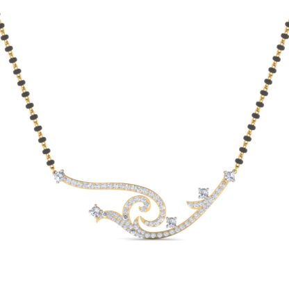 Front view of yellow gold mangalsutra with an asymmetric diamond wave spiral
