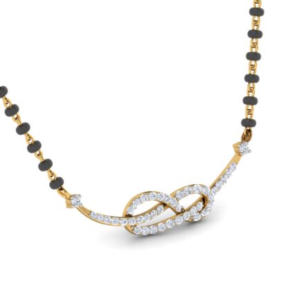 Side profile of yellow gold diamond infinity knot mangalsutra showing depth