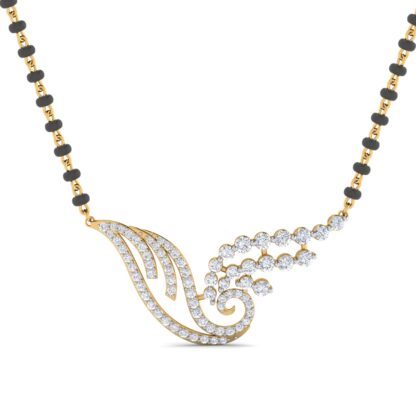 Angled view of yellow gold mangalsutra pendant showing the swirl detail