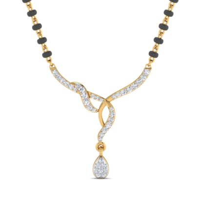 Front view of yellow gold mangalsutra with a diamond twist knot and pear drop