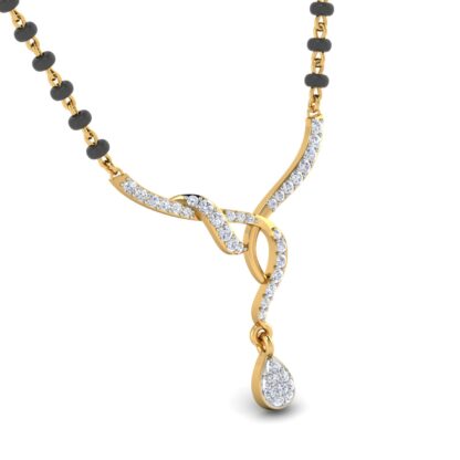 Side profile of yellow gold diamond twist mangalsutra pendant showing depth