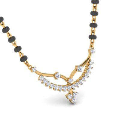 Close-up of yellow gold mangalsutra showing the triangular diamond cluster