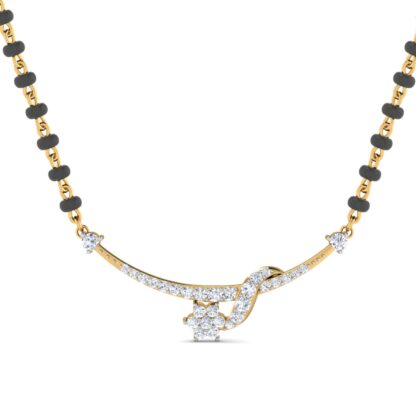 Front view of yellow gold mangalsutra with a diamond knot and flower cluster drop