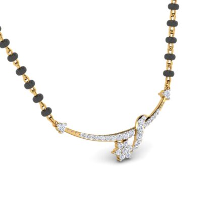 Angled view of yellow gold mangalsutra showing the flower cluster detail