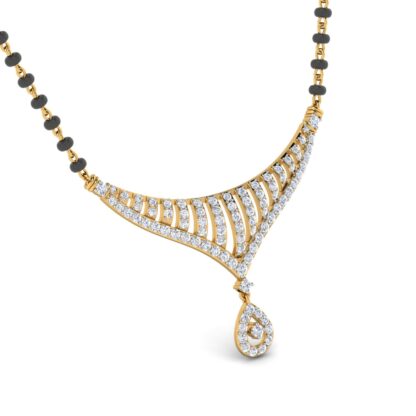 Close-up of yellow gold mangalsutra pendant showing the pear-shaped diamond drop