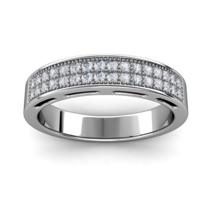 Angled view of white gold or platinum double row pave diamond milgrain band
