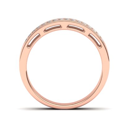 Through-finger view of rose gold double row pave diamond milgrain band showing the band profile