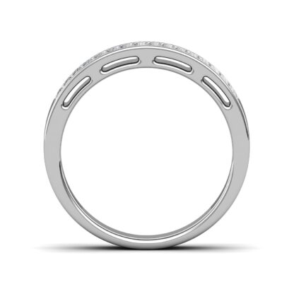 Through-finger view of white gold or platinum double row pave diamond milgrain band showing the band profile