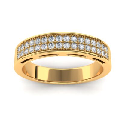 Angled view of yellow gold double row pave diamond milgrain band