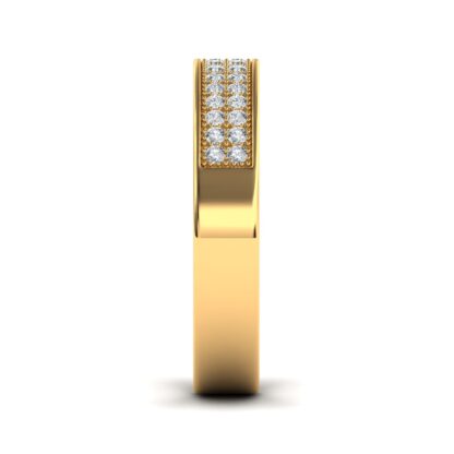Side view of yellow gold double row pave diamond milgrain band showing the band depth and stone setting
