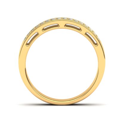 Through-finger view of yellow gold double row pave diamond milgrain band showing the band profile