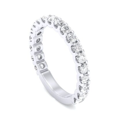 Angled view of white gold U-prong three-quarter eternity ring