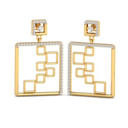 Yellow gold diamond dangler earrings, front view