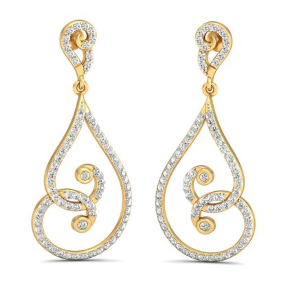 Yellow gold long diamond drop earrings, front view