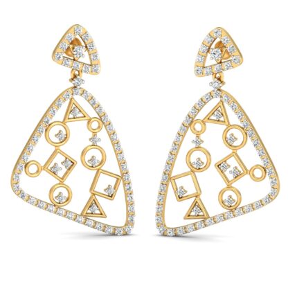 Yellow gold diamond dangle earrings, front view