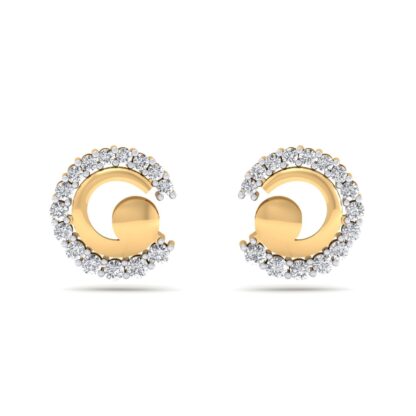 Front view of yellow gold spiral stud earrings with a pave diamond outline