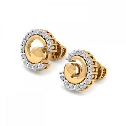 Angled view of yellow gold diamond spiral stud earrings showing the swirl detail