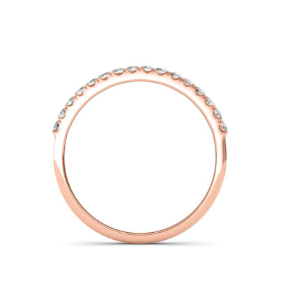 Through-finger view of rose gold half eternity diamond ring showing the band profile