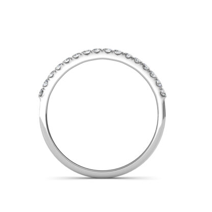 Through-finger view of white gold or platinum half eternity diamond ring showing the band profile