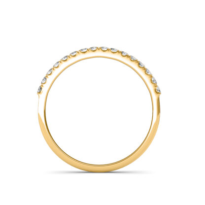 Through-finger view of yellow gold half eternity diamond ring showing the band profile