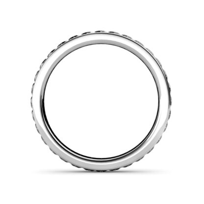 Through-finger view of white gold channel-set diamond full eternity ring showing the band profile