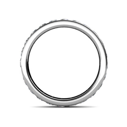 Through-finger view of white gold channel-set diamond full eternity ring showing the band profile