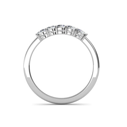 Through-finger view of white gold or platinum five-stone ring showing the prong-set diamond row