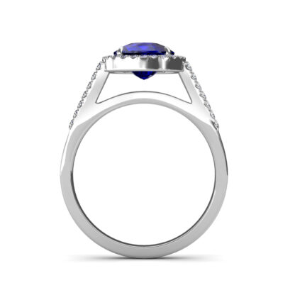 Front view of white gold cushion sapphire diamond halo ring