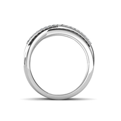Front view of white gold black and white diamond crossover ring