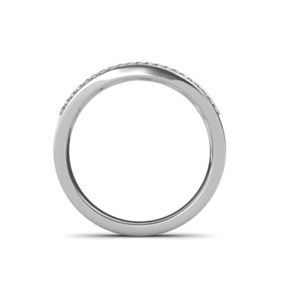 Front view of white gold black and white diamond weave band ring