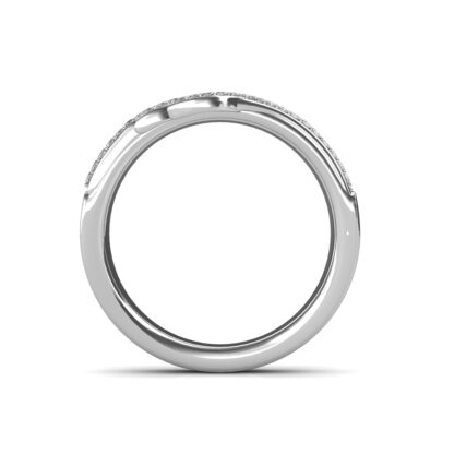 Front view of white gold black and white diamond ribbon twist ring