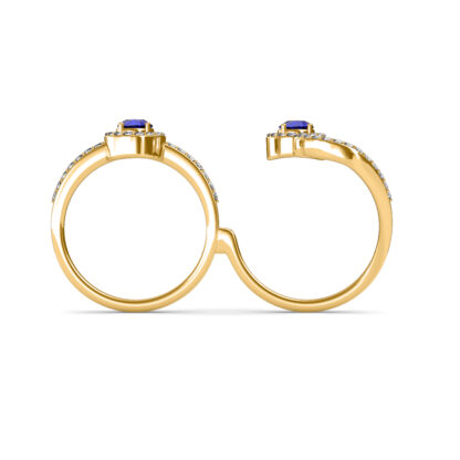 Front view of yellow gold sapphire two-finger ring