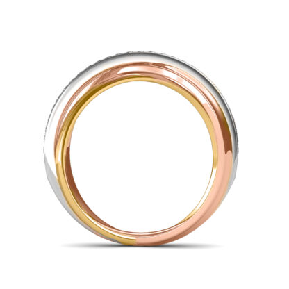 Front view of tri-tone interlocking diamond band ring