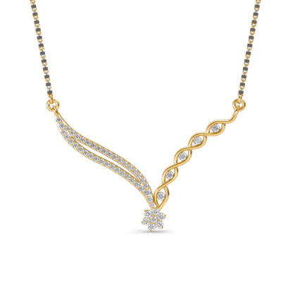 Front view of yellow gold mangalsutra with a woven diamond wing and flower centre