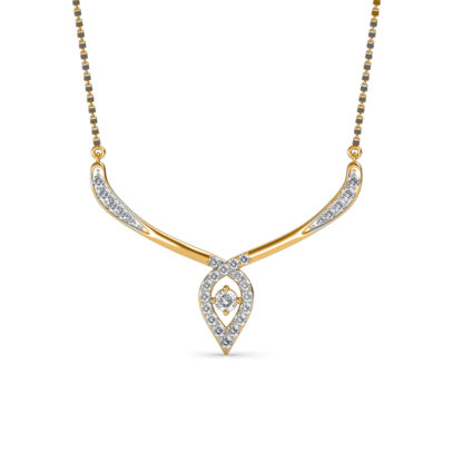 Angled view of yellow gold mangalsutra pendant showing the pear frame detail