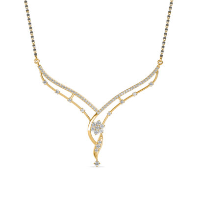 Front view of yellow gold mangalsutra with a double row diamond chevron and drop