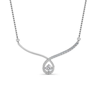 Front view of white gold mangalsutra with an asymmetric diamond bar and pear halo