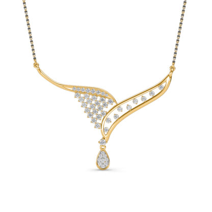 Front view of yellow gold mangalsutra with an asymmetric diamond lattice wing and drop