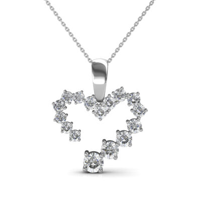 Front view of white gold journey diamond heart pendant with individually set stones